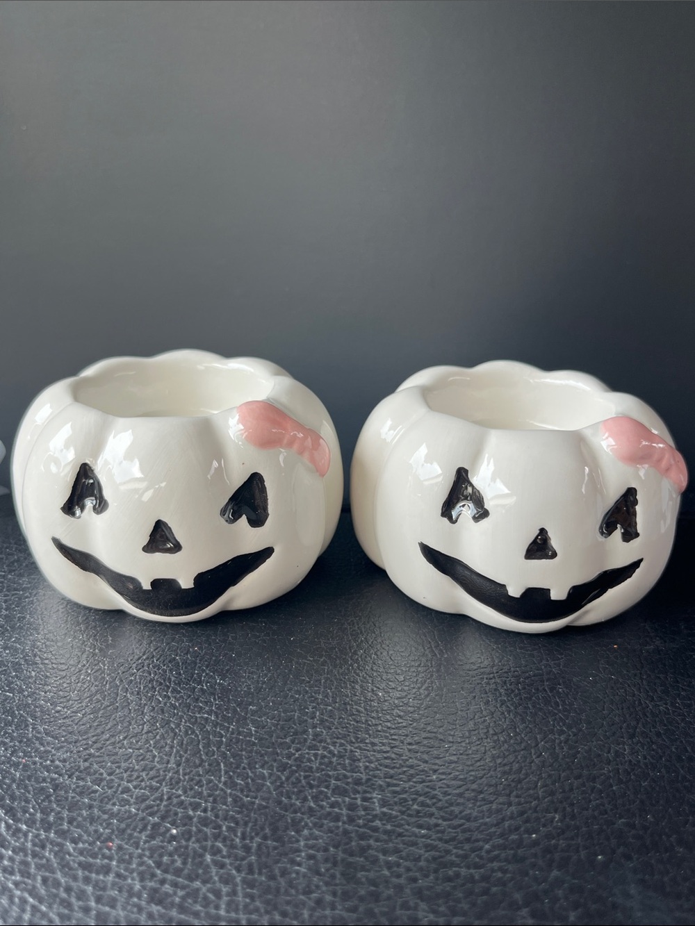 White Ceramic Jack-O'-Lantern Planter with Pink Bow Accent